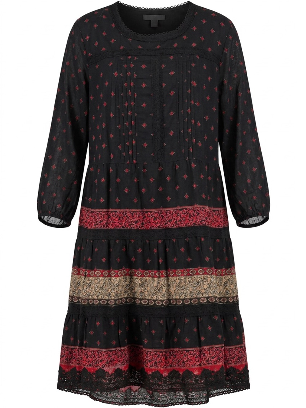 J. Jill Black Tiered Dress with Red and Tan Border Print - Picture 1 of 7